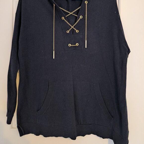 MICHAEL KORS DARK MIDNIGHT BLUE+GOLD TONE CHAIN HOOD SWEATER SHIRT-SIZE Large - Picture 4 of 4